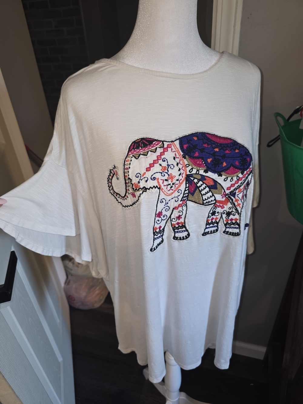 Ruby Rd. White Top with Multicolor Embroidered Elephant